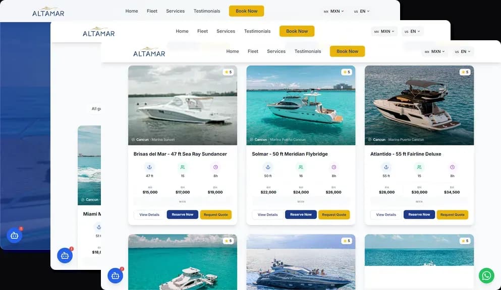 Complete booking journey from discovery to yacht selection to reservation
