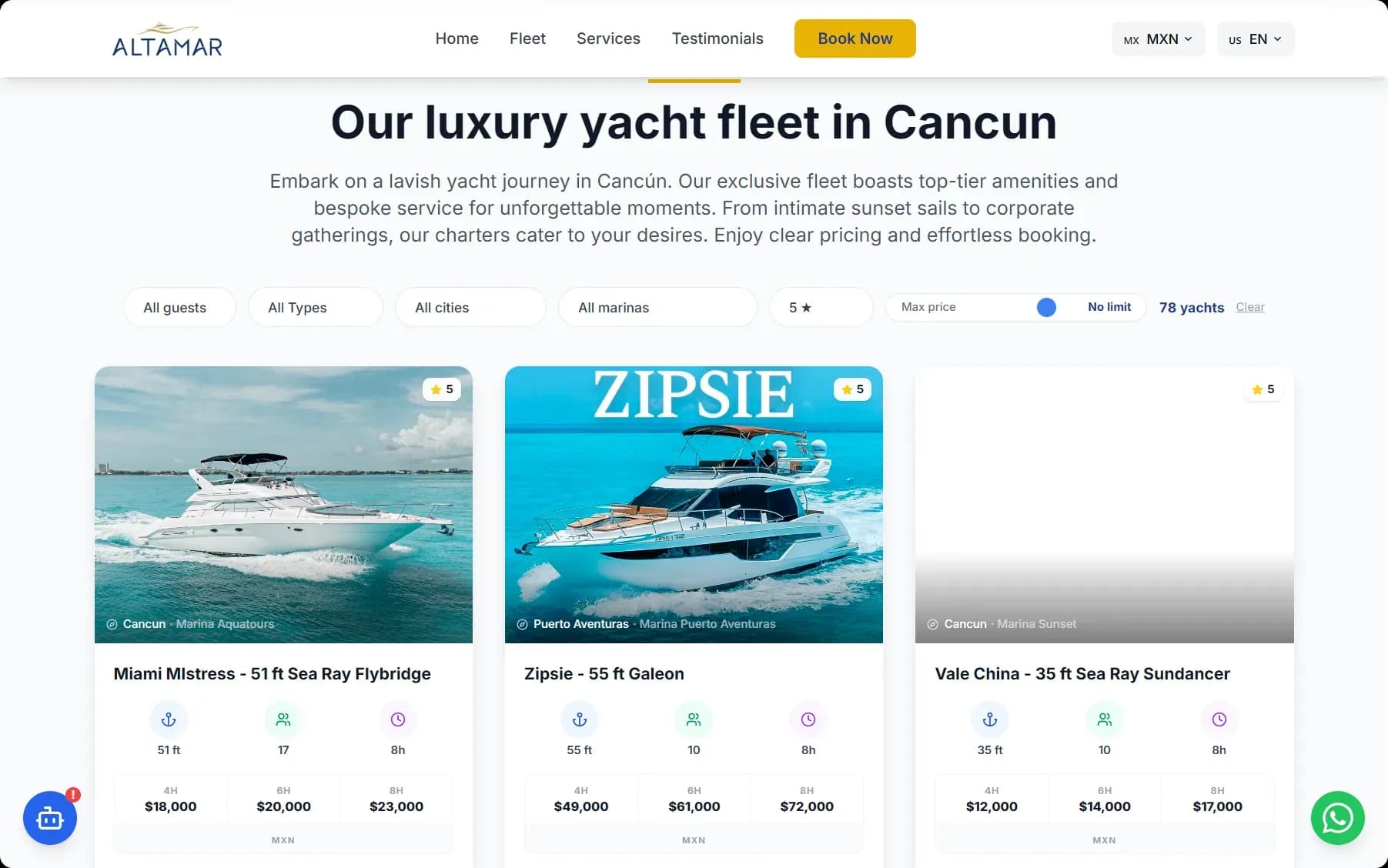 78+ yacht fleet with dynamic filtering by size, capacity, and price