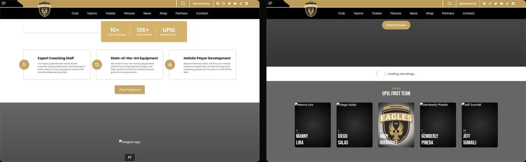UPSL squad management with player profiles and integrated merchandise shop