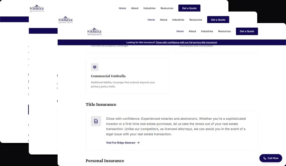 Full customer journey from landing to service discovery to quote request