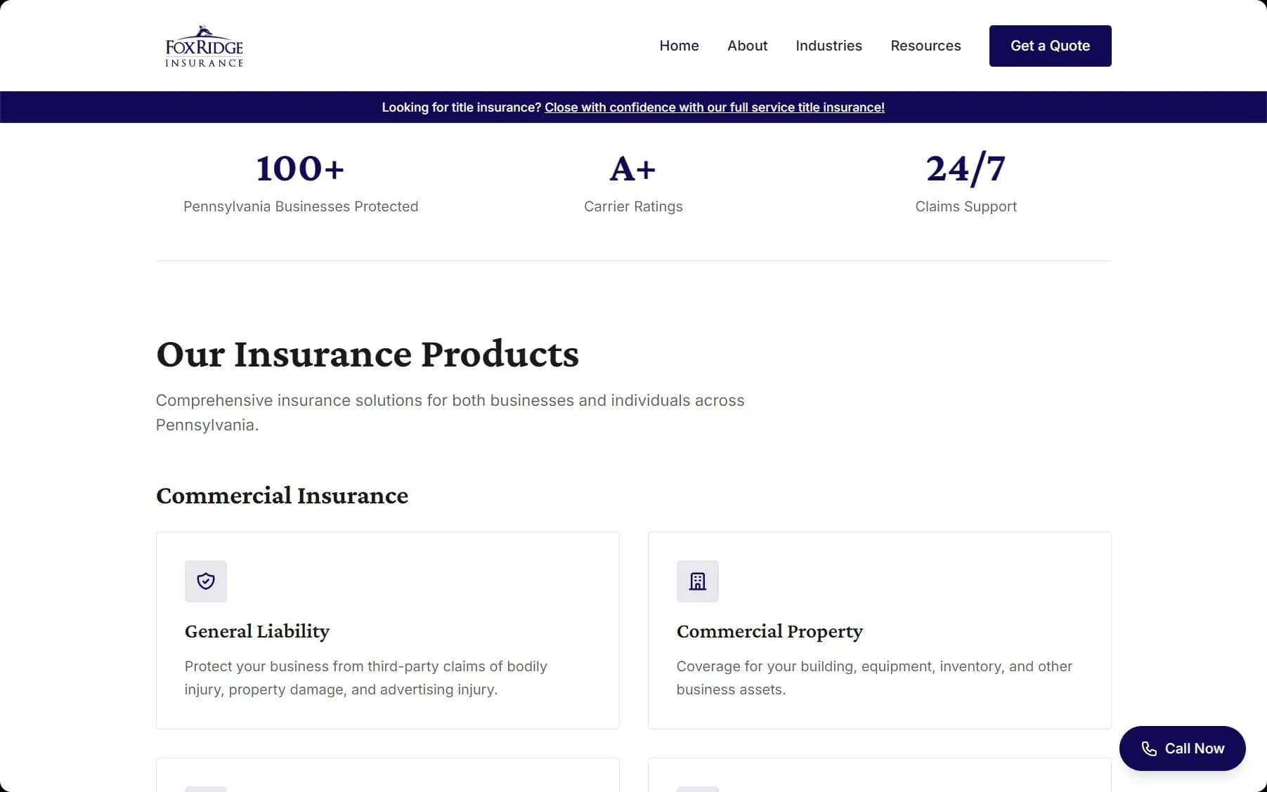 Full service lineup: commercial liability, property, auto, and title insurance