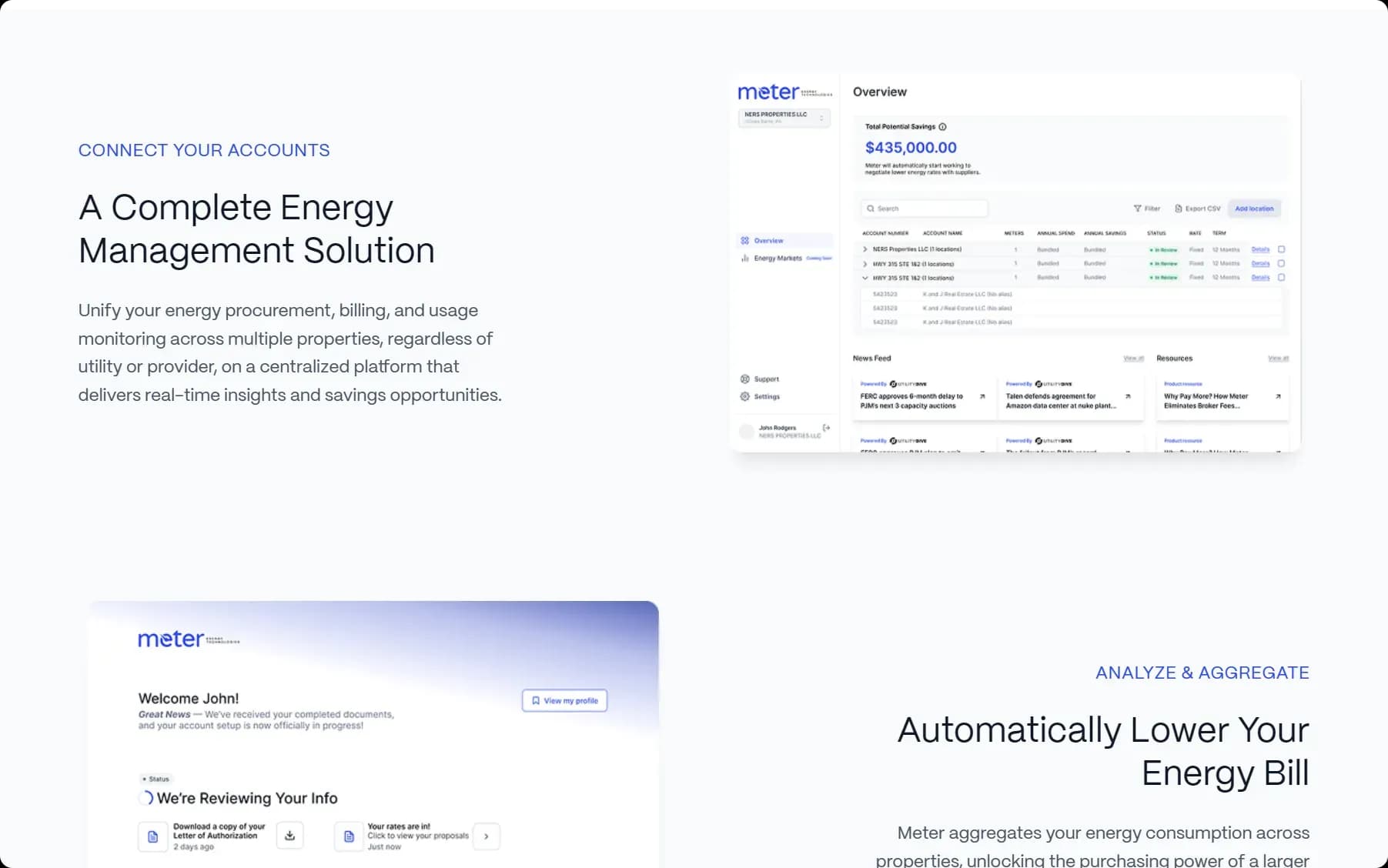 Multi-property energy dashboard with real-time consumption analytics and savings insights