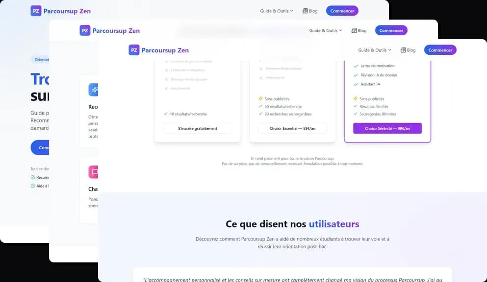 Full product journey: marketing site, feature grid, and real student testimonials
