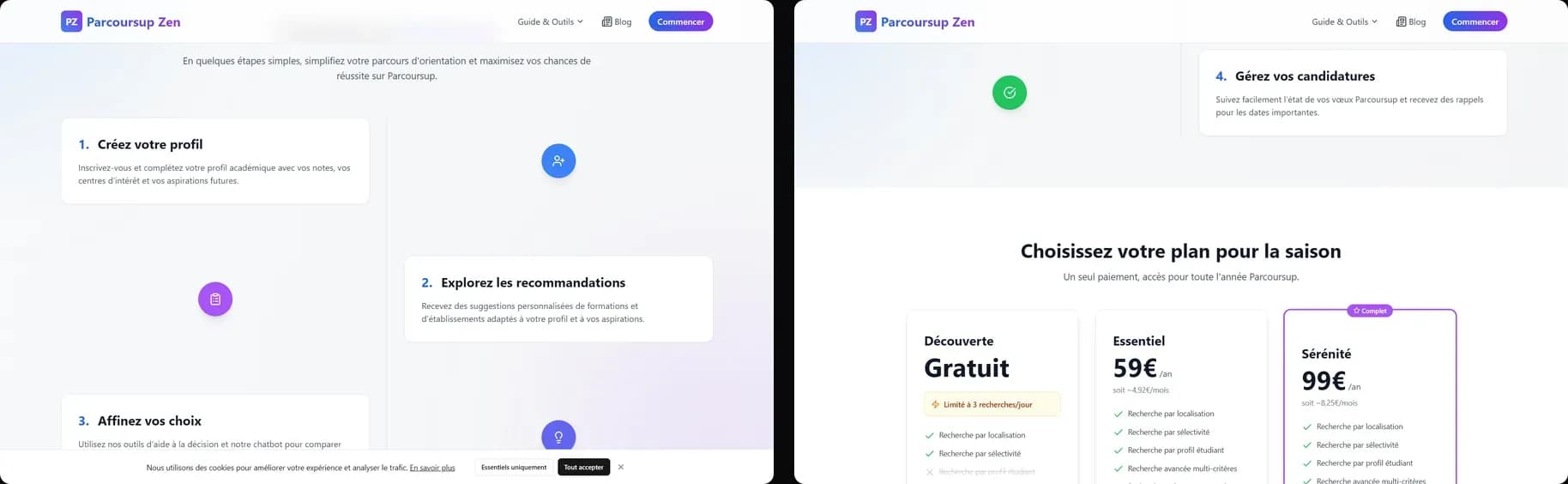Guided 4-step onboarding and transparent freemium pricing — from free discovery to full Serenity plan